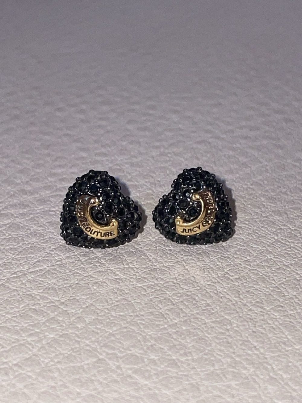 Juicy Couture Black Crystal Heart Earrings with Gold Logo Accent